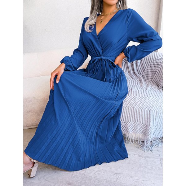 Elegancka Damska Sukienka Maxi Z Dekoltem W Serek I DłUgimi RęKawami Plisowana XL Niebieski-image