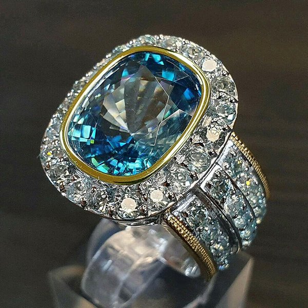 Huitan Preciosos Anillos Para Mujer Para Fiesta Gran Piedra Azul Cielo DiseñO Bicolor Anillo Noble Regalo De CumpleañOs Para Mamá JoyeríA Brillante 10-image