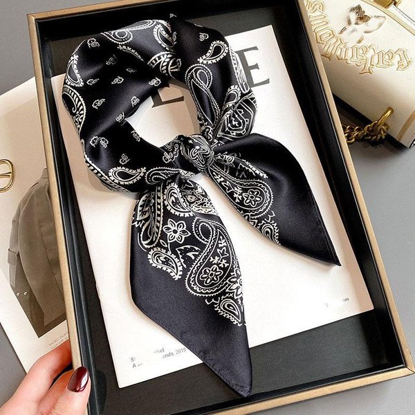 Bufanda 100% Seda Mujer Morera Lujo Alta Calidad Cuadrada Estampado Moda Para El Pelo PañUelo De Cuello Chal Para Dama PañUelos Bandana Hijab 70X70Cm Black-image