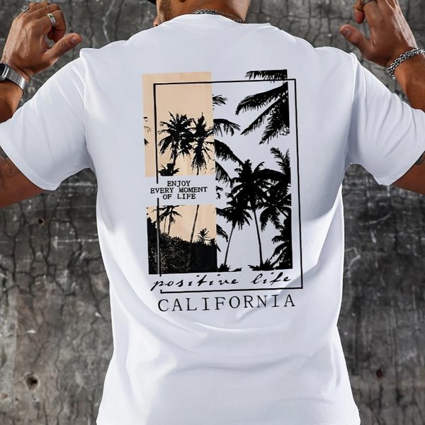 Camiseta De Verano Para Hombre 100% AlgodóN Moderna Casual Corte Holgado Talla Grande Con Estampado De Palmeras Para Vacaciones Cuello Redondo Manga Corta XL-image