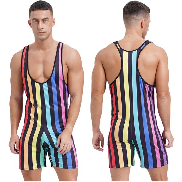 Camiseta De Lucha Libre A Rayas Para Hombre, Calzoncillos Tipo BóXer Ajustados Sin Mangas, Traje De BañO, Mono Deportivo Para Gimnasio Y Fitness 3XL Varios Colores-image