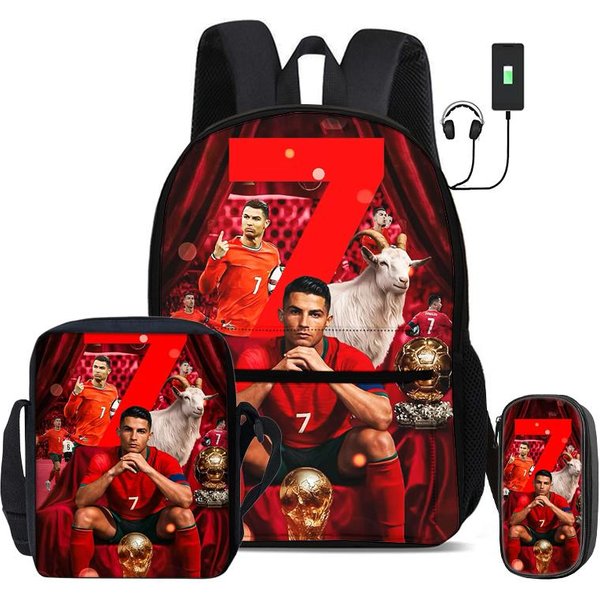 Ronaldo Zestaw 3 Szt. Torby Szkolne Plecak Z Interfejsem USB CR Gwiazda PiłKi NożNej Torba Na Ramię Sport PiłKa NożNa PióRnik Dla Dzieci Plecak-image