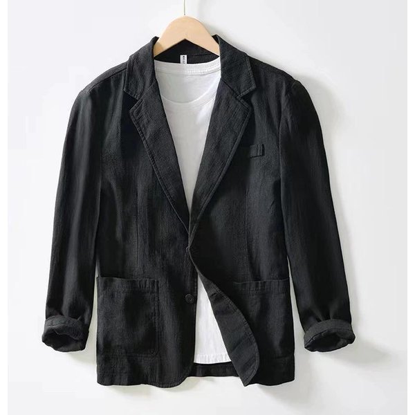 MęSki Garnitur Casualowy Kurtka Jednowarstwowa Jednolity Kolor BawełNa Len Casualowa Moda MęSki Top Xxxl Black-image