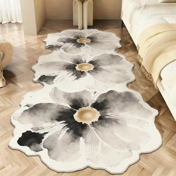 Dywaniki Typu Light Luxury Do Salonu Kwiaty Dekoracja Sypialni Dywan Nieregularny KształT Pluszowy Dywanik PrzyłóżKowy Puszysty MięKki Domowy Dywanik PodłOgowy 50X120Cm Gray-image