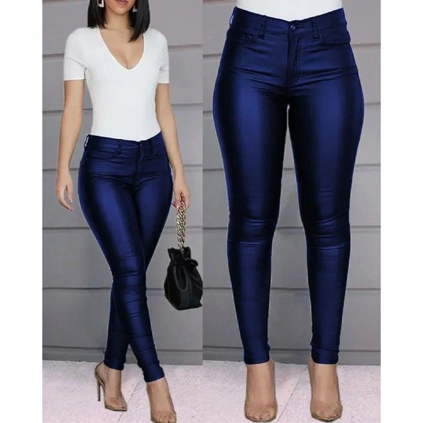 Modne PU SkóRzane Spodnie Damskie Jesienne Czarne Casual Office Lady OłóWkowe Spodnie Damskie Legginsy Zimowe Solidne Spodnie Z Wysokim Stanem 24377 Xxxl Niebieski-image