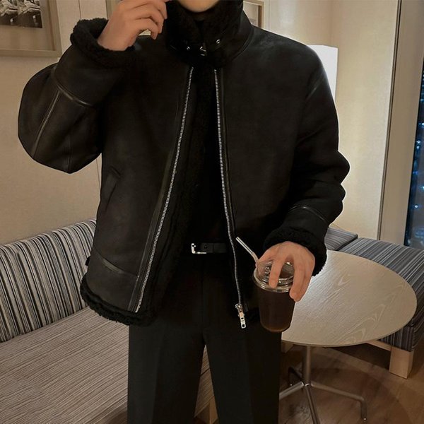 Chaqueta De Lana De Cordero Para Hombre Invierno Gruesa Piel Todo En Uno CáLido Abrigo De AlgodóN Estilo Coreano Trendy Cuello Alto Abrigo De AlgodóN XL Negro-image