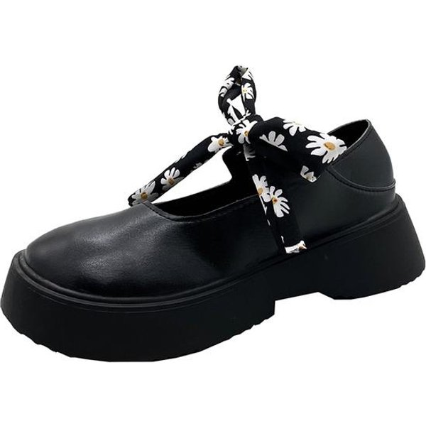 Zapatos Mary Jane Nuevo Verano Estilo BritáNico Moda Lolita Correas De Lazo Conjunto Pies Punta Redonda Zapatos Planos Zapatos De TacóN Casual Mocasines Mujer 40 Negro-image