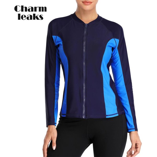 Charmleaks Damski StróJ KąPielowy Z DłUgim RęKawem Rashguard Surfing Top Rash Guard Zipper UPF50+ Stroje KąPielowe S-image