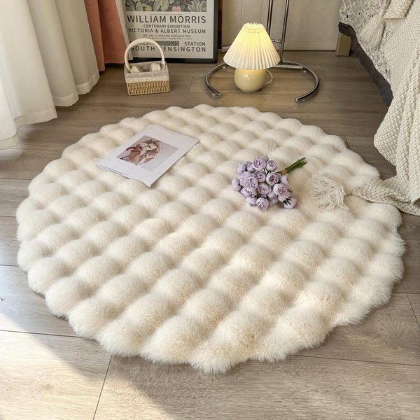 OkrąGłY Dywan Z Aksamitu BąBelkowego Do Pokoju DziecięCego Puszysty MięKki Dywan Imitacja Futra KróLika Pluszowy Dywanik Do Salonu Mata Pod Stopy Dekoracja Domu Round 80Cm(31.5In)-image