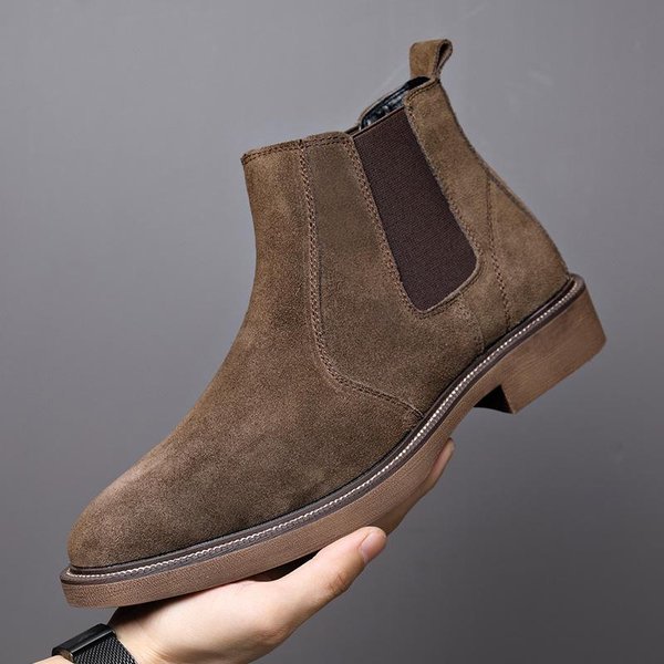 MęSkie Buty Chelsea Ze SkóRy Zamszowej W Stylu Brytyjskim - Jesień/Zima, Nowe KróTkie Buty Ze SkóRy BydlęCej Z Pluszem I Szpiczastym Noskiem 44-image