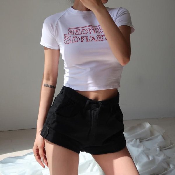 Camiseta De Manga Corta Con Letras Ropa De Verano Para Mujer Estilo Coreano Moderna Estudiante Corta Cintura Alta Ombligo Ajustada XXL Blanco-image