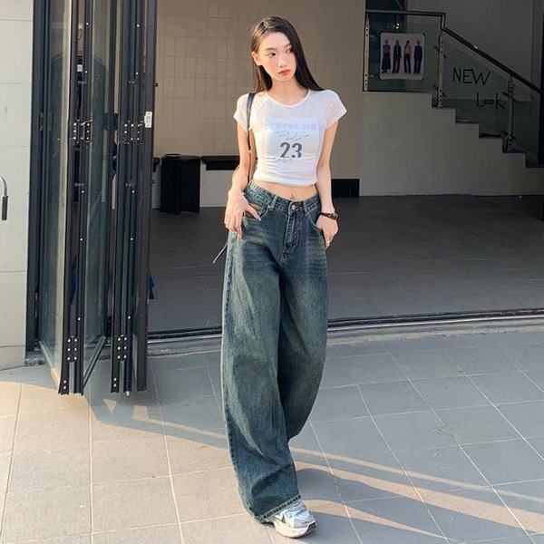 Jeans Mujer Primavera Pierna Ancha Jeans Mujer Primavera Cintura Alta Holgados CaíDa Recta Pantalones De Pierna Ancha Pantalones De Pierna Ancha Mujer Primavera L Gray-image