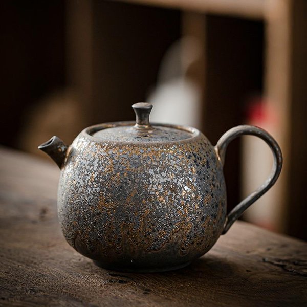 Juego De Té Kung Fu DoméStico Tetera Dorada Elaborador De Té Tetera De Gres JaponéS Tetera Individual Hecha A Mano CeráMica Retro Jarra Redonda Vajilla-image