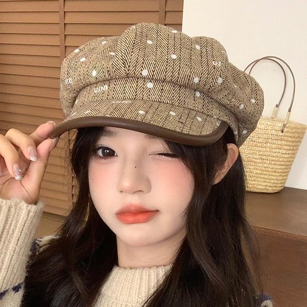 Boina Rayada De Lunares Retro Simple Sombrero Octogonal A Prueba De Viento Casual Coreano Para Mujer OtoñO E Invierno VersáTil Sombrero De Pintor Nuevo One Size-image