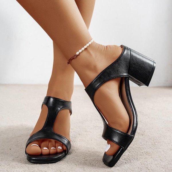 Zapatos De TacóN Alto Para Mujer Primavera Nuevos Zapatillas Moda TacóN Medio TacóN Grueso Punta Cuadrada Sandalias Mujer 42 Black-image