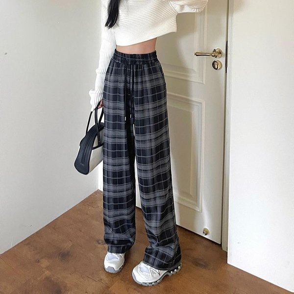 Pantalones Casuales De Talla Grande A Cuadros Retro Para Mujer, Pantalones Rectos De Cintura Alta Para OtoñO 4XL Gray-image