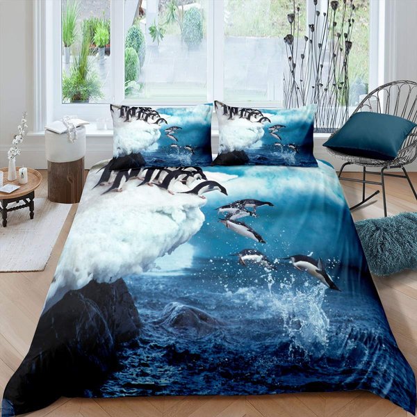 Funda NóRdica De PingüIno Kawaii Estampado Animal Blanco Negro PingüInito Funda NóRdica Azul Iceberg AntáRtida Invierno Juego De Cama EU Single(135X200Cm) Blue-image