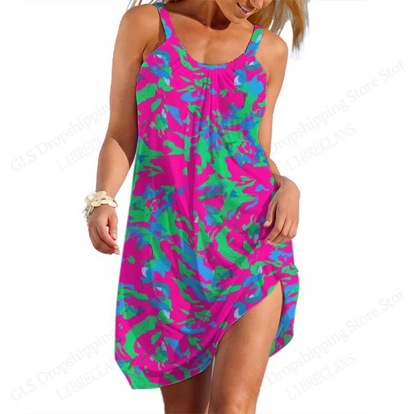 Modna Hawajska Sukienka PlażOwa Dla Kobiet Sukienka Letnia Z Nadrukiem 3D Midi Na RamiąCzkach Boho WyszczuplająCa Sukienka Elegancka Bez RęKawóW Na Imprezę Casual 2XL-image