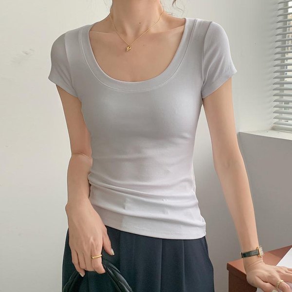 Camiseta De AlgodóN Puro Para Mujer Manga Corta Slim Cuello Redondo Sexy Ajustada Nueva Top De Verano Color SóLido Camiseta BáSica Xxxl Gray-image
