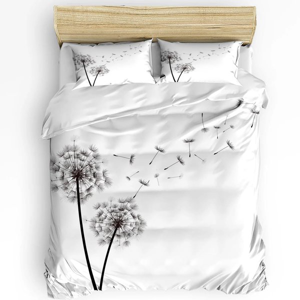 Funda NóRdica De Planta De Diente De LeóN Blanco Y Negro Juego De Ropa De Cama De 3 Piezas Textil Para El Hogar Funda De Colcha Fundas De Almohada Juego De Ropa De Cama Para Dormitorio Sin SáBana EU Single(135X200Cm)-image