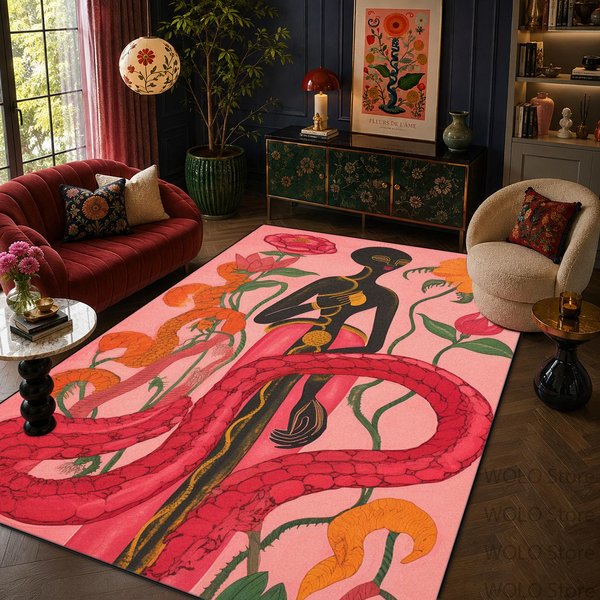 Bohemian Retro Kwiatowy Wąż Nadruk Dywan Do Salonu MożNa Prać W Pralce ŁAtwy Do Czyszczenia Dywanik Do Pokoju Dziennego Puszysty MięKki Mata Dekoracyjna Do Sypialni 1.9X2.9Ft(60X90Cm)-image
