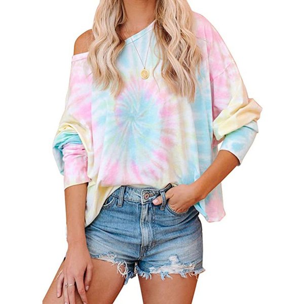 Damskie Topy Tie-Dye, Koszulka Casual Z DłUgim RęKawem I OkrąGłYm Dekoltem Z Nadrukiem Gradientowym XXL White-image