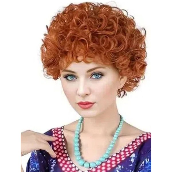 KróTka Puszysta KręCona PomarańCzowo Czerwona Peruka Cosplay Dla Kobiet Kostium Lokatorki Pani Ro Na Halloween Mrs Roper Syntetyczne Peruki Helen Roper Beige-image