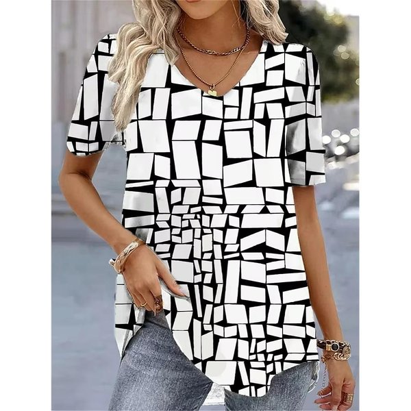 2025 Nowy Pasiasty 3D Drukowany T-Shirt Graficzny Damski Moda V-Neck KróTki RęKaw T-Shirt Damski Lato Casual Topy Koszulki Odzież Damska 2XL-image
