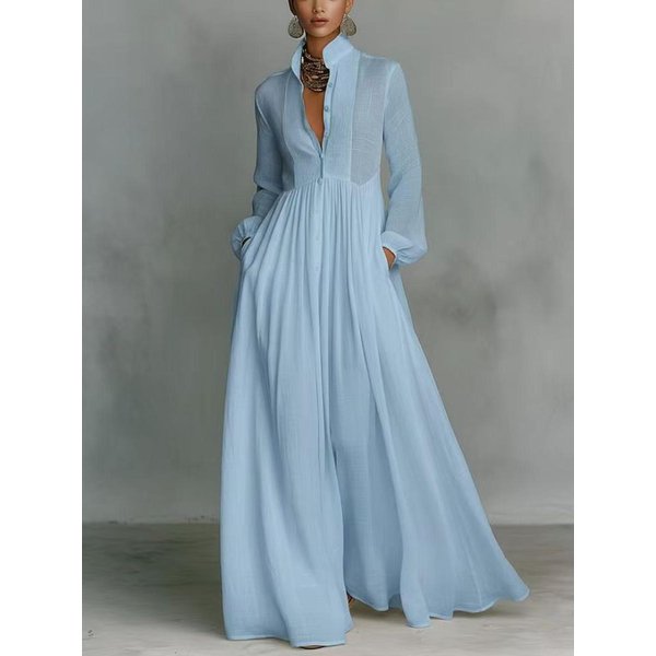 Vestido FrancéS Imperio Fruncido De Manga Larga - Elegante, Retro, Casual, Estilo Vacacional M Azul-image