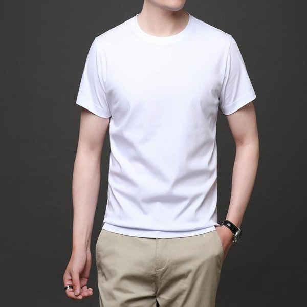 Camiseta De Manga Corta De AlgodóN Merceizado Para Hombre Cuello Redondo Verano Nueva Media Manga AlgodóN Merceizado De 80 Hilos Holgada Color SóLido Top L White-image