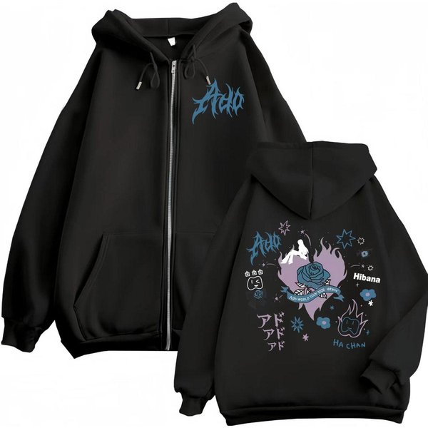 Singer Ado Hibana World Tour Bluzy Z Kapturem Na Zamek Harajuku JapońSki Styl Bluzy Rozpinane MężCzyźNi Kobiety Codzienna Moda Bluzy WkłAdane S Czarny-image