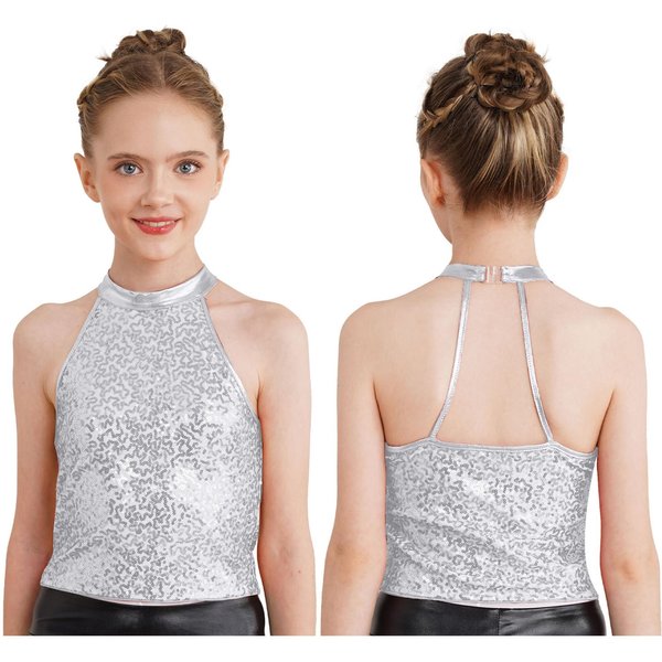 Top Corto Con Cuello Halter Y Lentejuelas Brillantes Para NiñAs, Tops Sin Mangas Con Espalda Descubierta Para Porristas, Danza Jazz Y Gimnasia 5-6 Years Plata-image