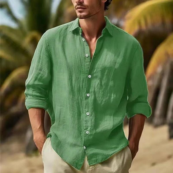 Camisa De Lino Para Hombre Con Botones Camisa De Playa De Verano Color SóLido M Fluorescente Verde-image