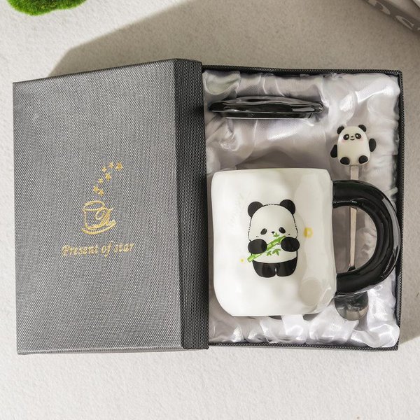 Taza De CeráMica De Panda Lindo De Alto Valor Para NiñAs Taza Con Tapa Cuchara Para Parejas Con Gran Capacidad Agua Potable Para Uso DoméStico 401-500Ml-image