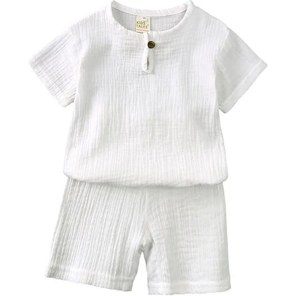 Ropa De AlgodóN Lino Para NiñOs Conjunto NiñA Verano Conjuntos Ropa NiñO Color SóLido Camisetas Manga Corta Pantalones Cortos Ropa Infantil 2-7 AñOs 6 Blanco-image