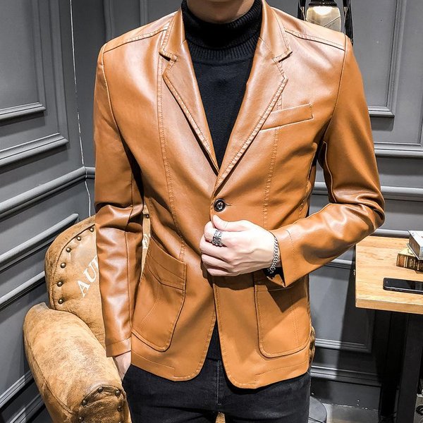 Wiosenna Nowa Cienka MęSka SkóRzana Kurtka, KoreańSki Styl Modny SmukłY SkóRzany Garnitur PU SkóRzana Kurtka MęSka Kurtka 2XL-image