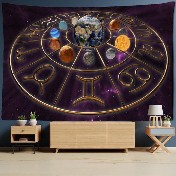 Tapiz Colgante De Pared BrúJula Planetaria PsicodéLico Universo Bohemio Tapiz BrujeríA Arte De HabitacióN DecoracióN Del Hogar 95X70Cm Brown-image