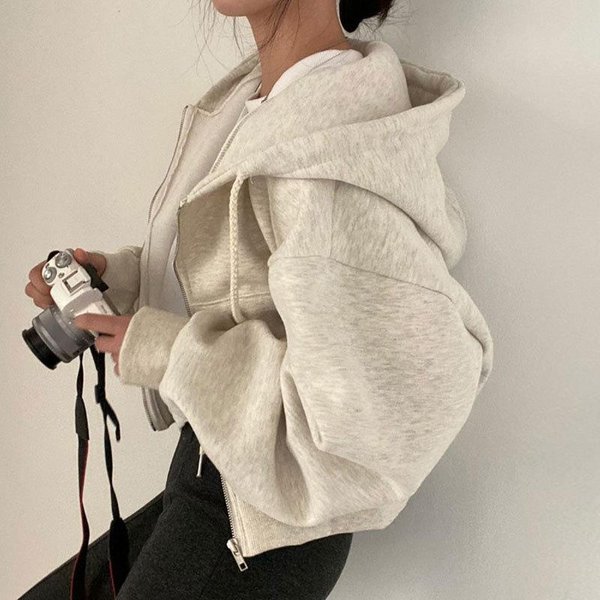 Damskie Bluzy Z Kapturem Kurtka Jesień Vintage Jednokolorowe Bluzy Z Kapturem Zapinane Na Zamek Harajuku Wersja KoreańSka Z DłUgim RęKawem Kurtki Z Kapturem PłAszcz M Gray-image