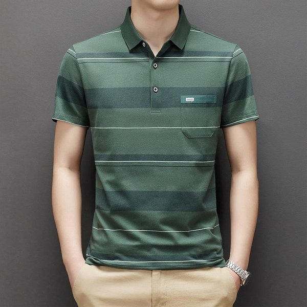 Camiseta De AlgodóN Lavado A Rayas De Manga Corta Para Papá Hombres De Mediana Edad Y Mayores Polo Casual De Negocios Con Solapa L Black-image