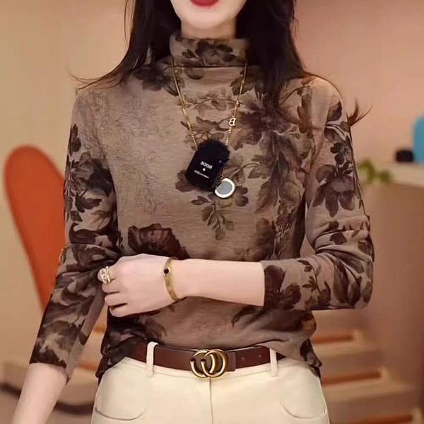 Camiseta De Fondo Espeso Para Mujer Ropa De OtoñO Nueva Moda Estilo Extranjero Estampada Ajustada Top Interior 4XL Black-image
