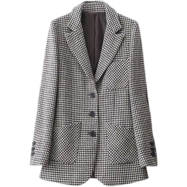 Chaqueta De Traje PequeñA De Lana Pata De Gallo Con Vuelo Primavera Para Mujer Largo Medio Estilo JaponéS Slim Temperamento Top De Traje L Gray-image