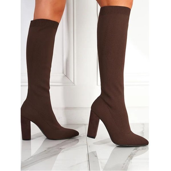 Damskie 10,5 Cm Wysokie Obcasy Elastyczne Kozaki Do Kolana Jesień Zima BrąZowe Szpiczasty Nosek Sexy WąSkie Dzianinowe Damskie Buty Damskie Kozaki 40-image
