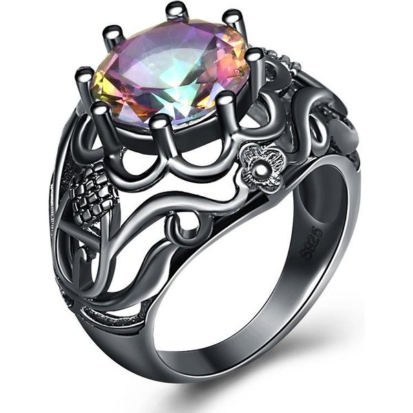 Moda Europea Y Americana Anillo Hueco De Circonita Colorida Nuevo Anillo Creativo De Cobre Chapado En Oro Negro JoyeríA Para Manos No. 10 Gray-image