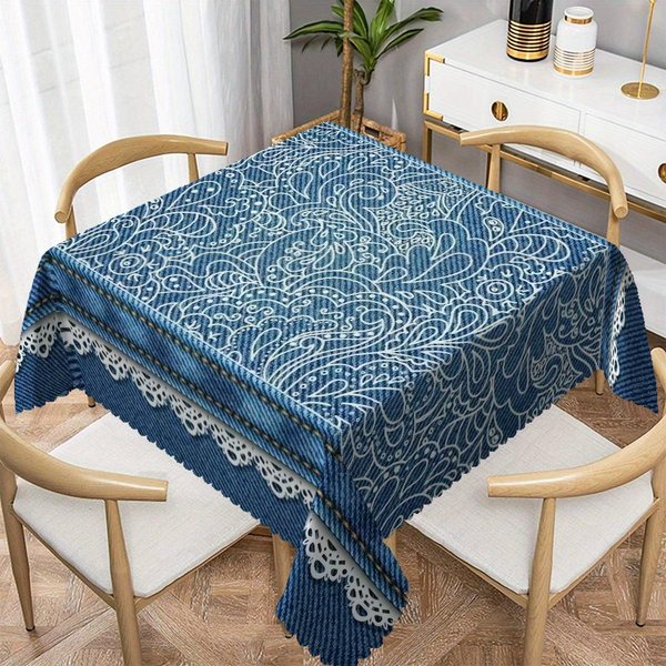 Elegancki Niebieski Obrus Z Koronkowym Wzorem Kwiatowym, Prostokryty Pokrowiec Na Stół Z Wachlarzową Falbanką, Tkanina Poliestrowa Do Jadalni 90X140Cm-image