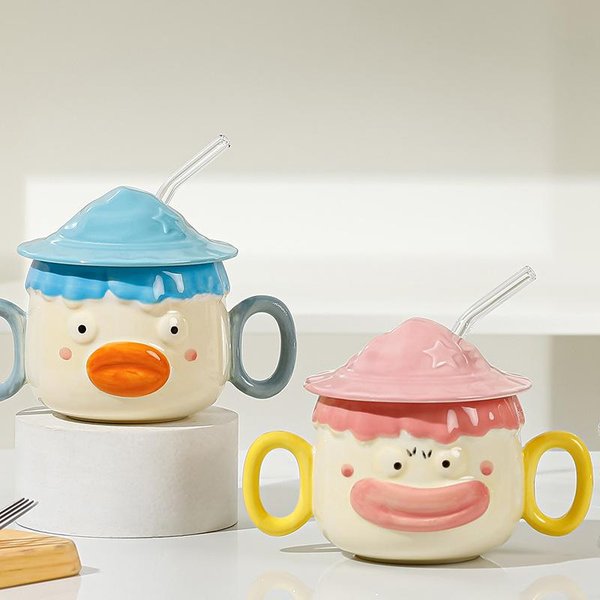 Zabawny KreskóWkowy Klaun Ceramiczny Kubek Z Pokrywką I SłOmką Kubek DużA Pojemność Wysoka Wartość Kubek Do Wody PamiąTka Dla Pary 400ML-image