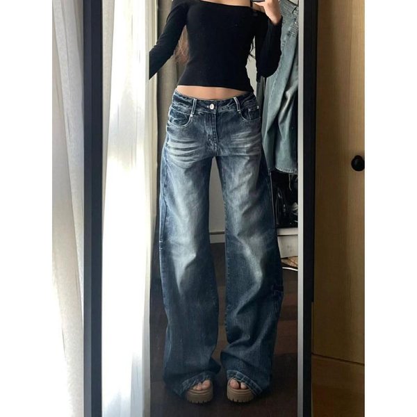Vintage DżInsy Damskie Z Wysokim Stanem Gradientowe AmerykańSka Moda Street DżInsy Z Szerokimi Nogawkami DżInsy Damskie Spodnie Denim LuźNe Spodnie Denim Plus Size L Niebieski-image