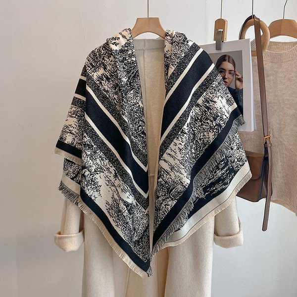Luksusowy Zimowy Szalik Kaszmirowy Dla Kobiet - FręDzlowy Szal W Kratkę, CiepłY Szal Pashmina I Poncho Foulard-image