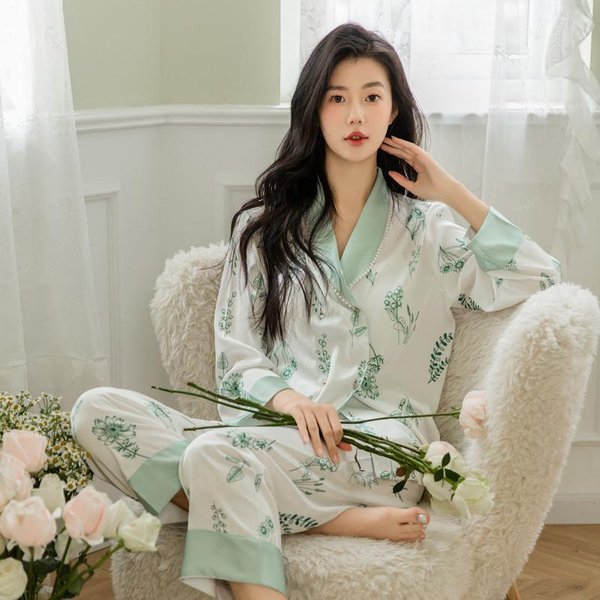 Pijamas Finos Estampados De Primavera Y Verano, CáRdigan De Manga Larga, Pantalones, Ropa De Casa, Pijamas De Solapa Suelta, Pijamas Casuales Sexis XL Verde-image