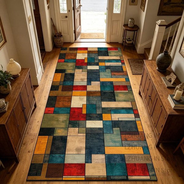 Retro Geometryczny Dywanik Biegowy, AntypośLizgowy, Zmywalny Do Dekoracji Korytarza, SchodóW, WejśCia 60X200Cm 24X80Inch-image