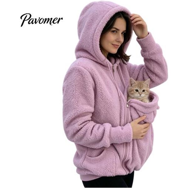 Bezdotykowy Uchwyt Na Psa Kieszonka Na ZwierzęTa Bluza Z Kapturem Na Zamek Dla Kobiet, Kieszeń Do Noszenia Kota Bluza Z Kapturem Kangurka Bluza, Zimowa CiepłA Polarowa DłUga XL RóżOwy-image